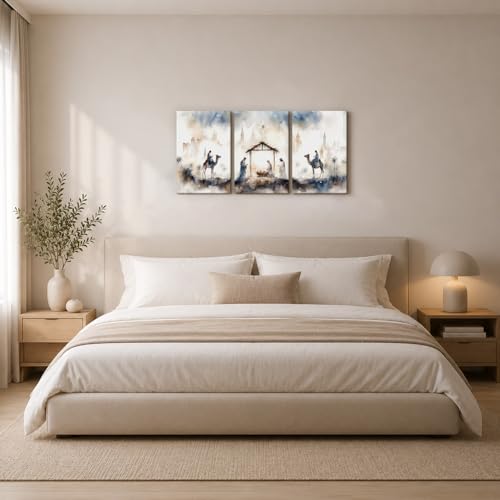Religious Wall Art Set of 3 Nativity Scene Canvas Prints 16x24 Inches - Blue-Gray