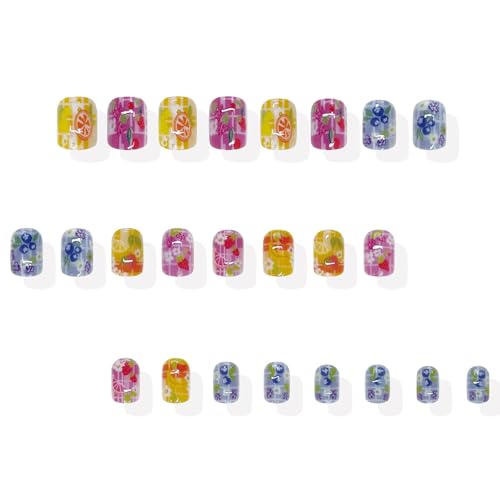 Fruit Press On Nails Short Square Cute Summer False Nails Floral Design