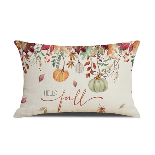 Fall Pumpkin Leaves Pillow Cover 12x20 Inch - Decorative Lumbar Cushion for Autumn Home Decor