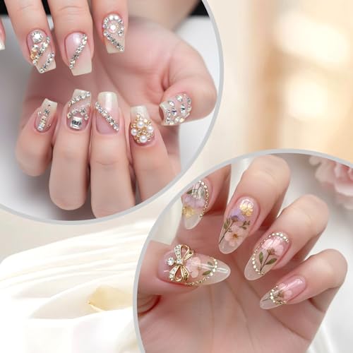 Macuezu Rhinestone Nail Chains Metal Pearl Charms for Manicure Art 6 Pcs