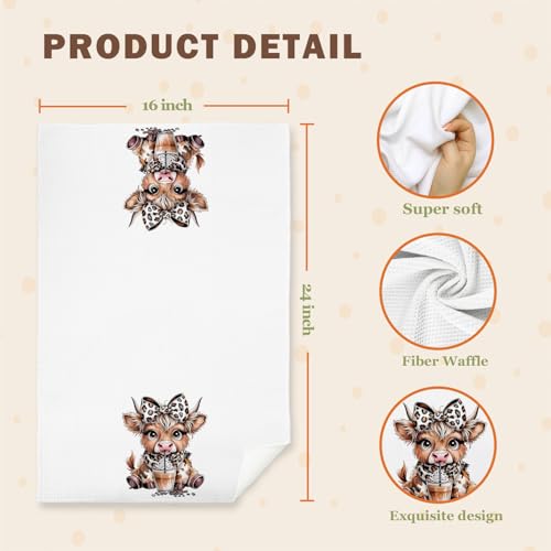 Highland Cow Kitchen Towels with Leopard Bow - 16x24 Inch