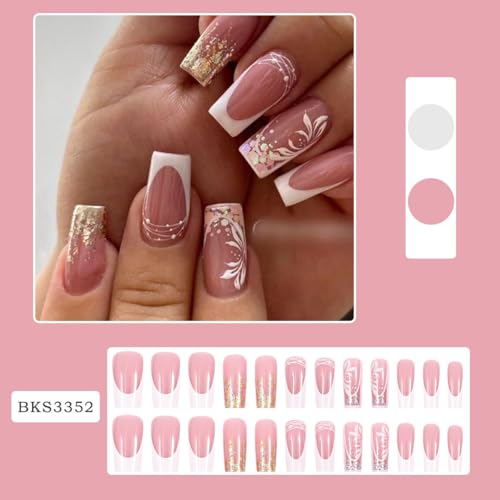 Short French Tip Press on Nails Nude Pink Square False Nails with Flowers