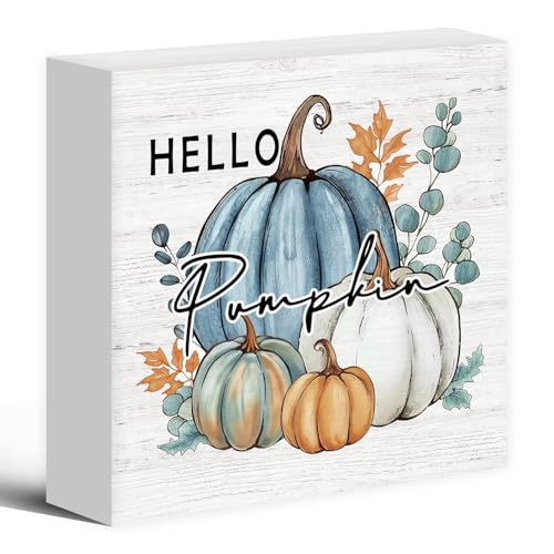 Rustic Blue Pumpkin Wooden Box Decor - 5x5 Autumn Home Accent