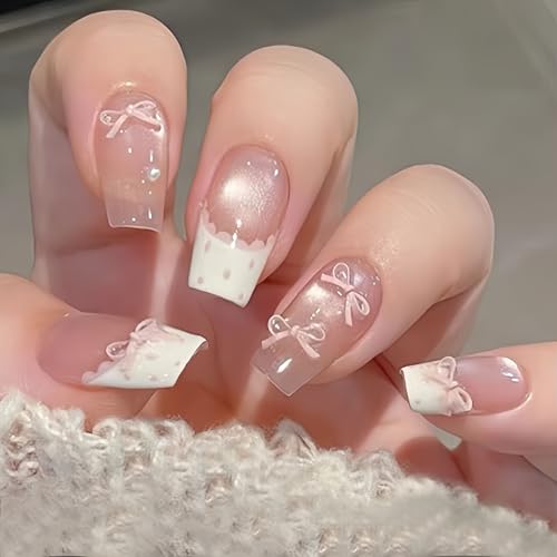 Valentine Press on Nails Medium Square White French Tip with Bow and Heart Rhinestones