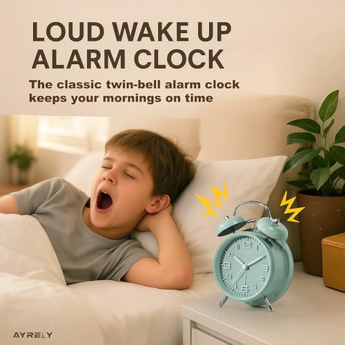 AYRELY 4.5" Twin Bell Loud Alarm Clock for Heavy Sleepers, Silent Non-Ticking