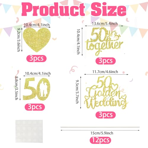 50th Anniversary Centerpiece Sticks - 12 Pcs Double-Sided Glitter Hearts