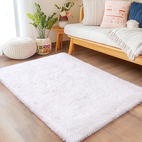 Quntue 2' x 3' White Fluffy Shaggy Rug for Bedroom & Living Room – Soft Cozy Floor Carpet for Kids & Nursery