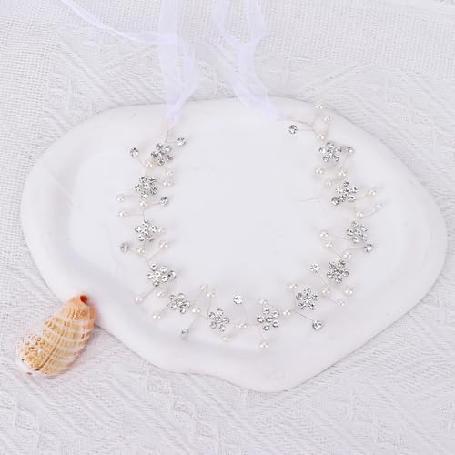 TIOSRU Silver Flower Girl Headpiece, Crystal Wedding Headband & Hair Vine