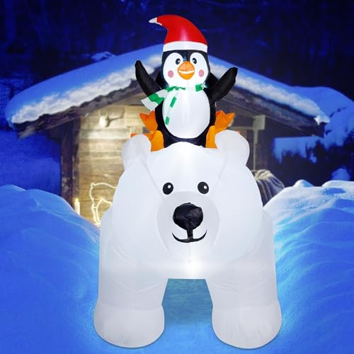 6.5 Foot Tall Christmas Inflatable Penguins on Polar Bear with LED Lights Outdoor Indoor Holiday Decoration - Penguins on Polar Bear Variant