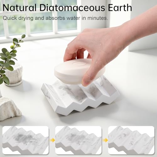 Diatomite Soap Dish Holder - Self-Draining Marble White Bar Soap Caddy
