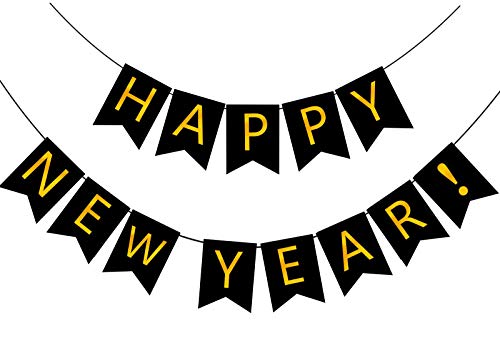 Happy New Year Banner - Black & Gold Party Decoration