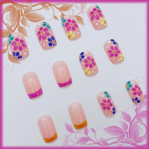 Short Square French Press on Nails with 3D Flower Embossed Design Nude Glossy False Nails