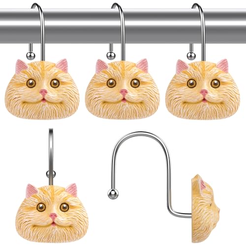 Cat Shower Curtain Hooks - 12-Piece Rustproof Metal Rings for Bathroom