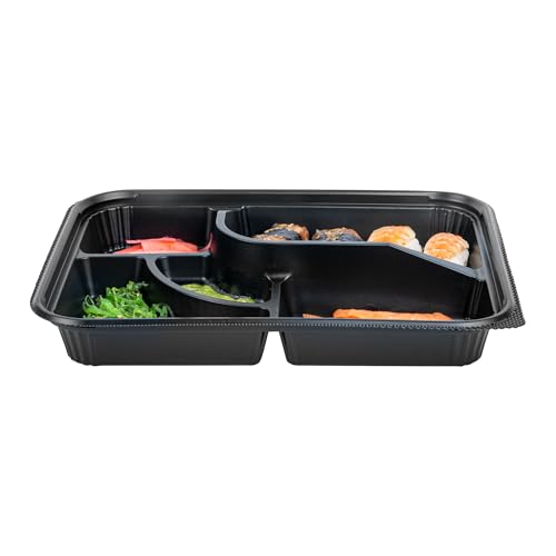 Restaurantware-Bento Tek 26.2 Ounce Meal Prep Containers, 50 Disposable To Go Food Boxes - Lids Sold Separately, 5 Compartments, Black Plastic Bento Lunch Boxes, Microwavable, Freezable
