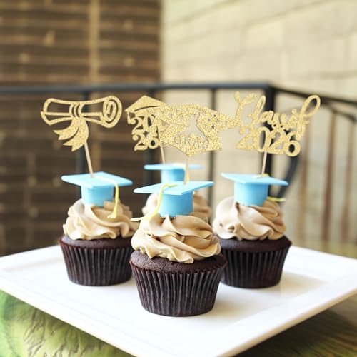 2026 Graduation Cupcake Toppers - 24Pcs Glitter Party Decorations
