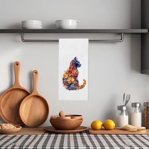 Cat Floral Kitchen Towels - 16x24 Inch Decorative Hand Towels
