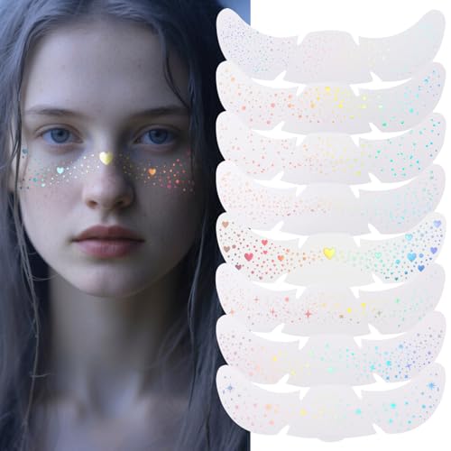 Holographic Glitter Freckles Face Tattoos - 8 Pack Waterproof Makeup Patches