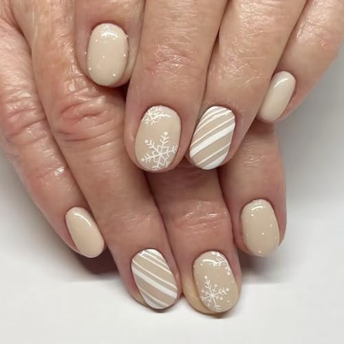 Christmas Short Square Press on Nails Winter Snowflake False Nails 24Pcs