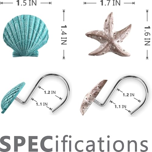 Coastal Beach Shower Curtain Hooks - Nautical Sea Life Set of 12