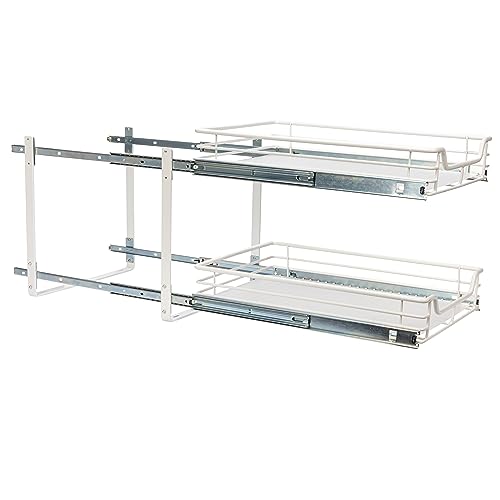 Household Essentials Glidez Multipurpose Paint-Finished Steel Pull-Out/Slide-Out Storage Organizer for Under Cabinet Use - 2-Tier Design - Fits Standard Size Cabinet or Shelf, White