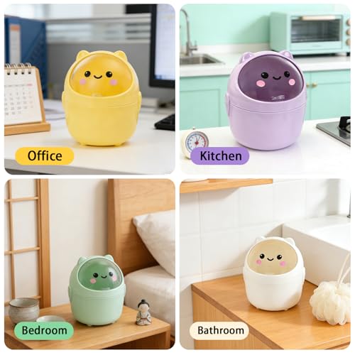 Cute Mini Trash Can with Lid - Portable Desktop Wastebasket, Yellow