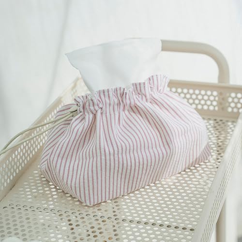 Stylish Pink Striped Fabric Tissue Box Cover with Handle