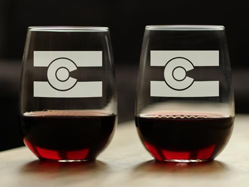 Colorado Flag Stemless Wine Glass Set of 2 - 17 oz Engraved Hometown Gift