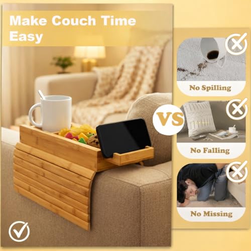 Bamboo Sofa Armrest Tray with Detachable Couch Cup Holder, 2-in-1 Foldable Anti-Slip Couch Arm Tray, Sofa Arm Organizer for Drinks, Remotes, Phone, and Snacks, Portable Armrest Caddy Table.