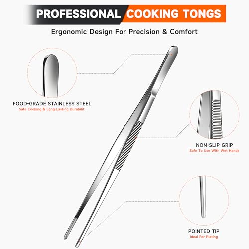 EZ COZY 12" Stainless Steel Kitchen Tweezers - Heat Resistant Tongs