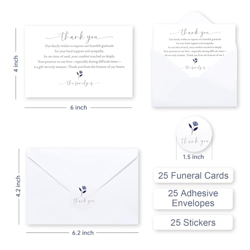 Sympathy Thank You Cards for Funeral - 25 Pack with Envelopes