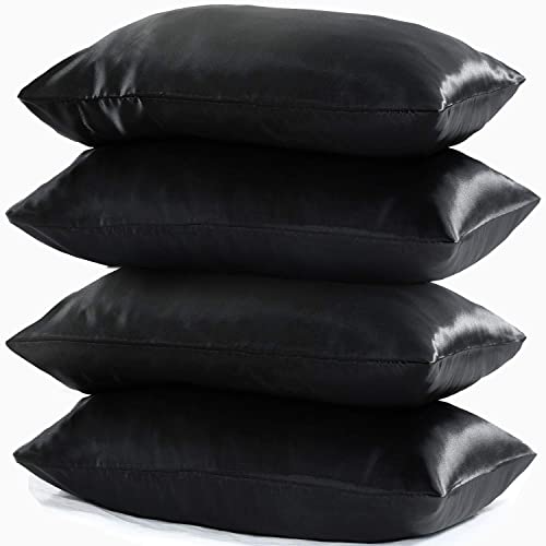 Niagara Black Satin Pillowcases Standard 20x26, 4-Pack Zippered Protectors