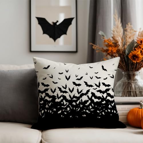 Black Bat Halloween Pillow Covers 18x18, Set of 2 Spooky Farmhouse Decor