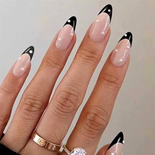 Black French Tip Almond Press On Nails with Pearl Design 24 Pcs