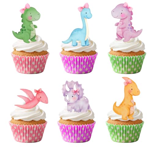 Pink Dinosaur Cupcake Toppers 36 Pcs for Girl's Birthday & Baby Shower