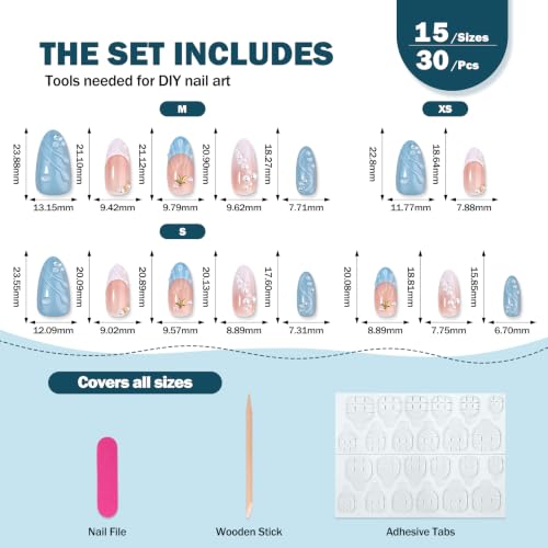 CUZIAM Blue Ocean Press on Nails Medium Almond Pearl Starfish False Nails