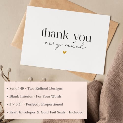 Elegant Thank You Cards with Envelopes - Pack of 40, Gold Foil Design