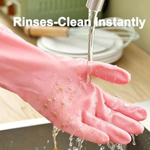 KINGFINGER PVC Flocked Dishwashing Gloves 2 Pairs Long Kitchen Gloves with Fleece Lining
