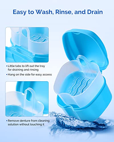 JMU Denture Bath Case with Strainer Basket, Light Blue Mouthguard Cup