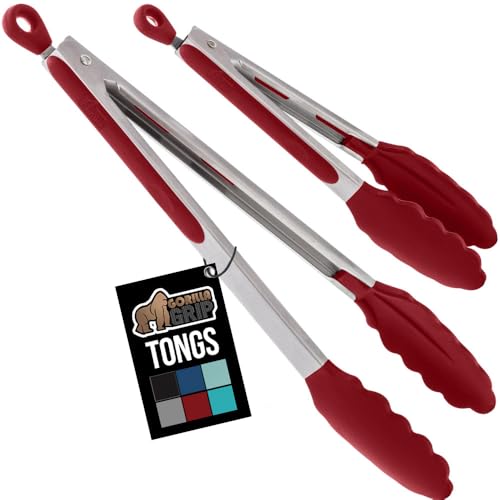 Gorilla Grip Kitchen Tongs Set, 9" & 12" Stainless Steel, Red