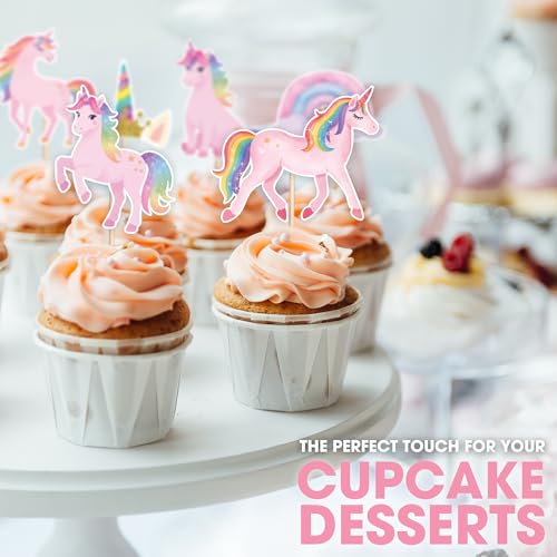 Rainbow Unicorn Cupcake Toppers - 36 Pack for Birthday Parties