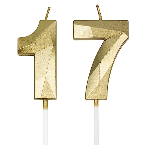 Gold 3D Diamond Birthday Candles Set - 17 & 71 Number Decoration