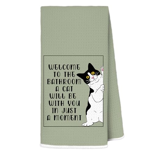 Tuxedo Cat Bathroom Hand Towel 16x24 Sage Green Decorative