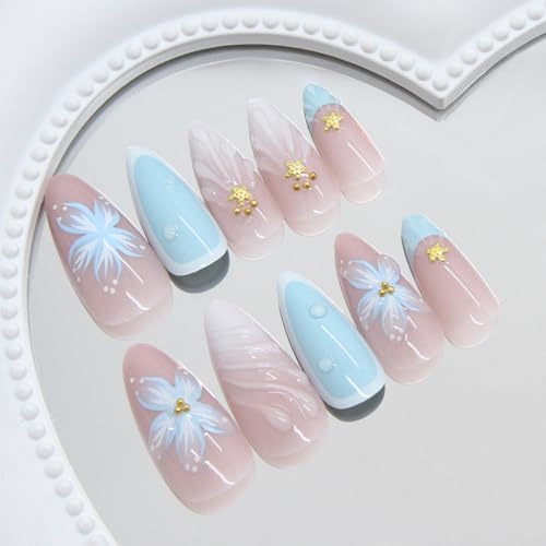 Blue 3D Starfish & Pearl Flower Almond Press on Nails (24 Pcs)