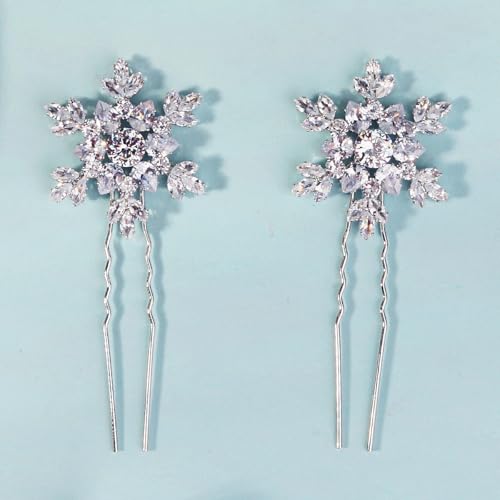 SICOPEE 2 Pack Crystal Snowflake Hair Pins Silver Bridal Accessories
