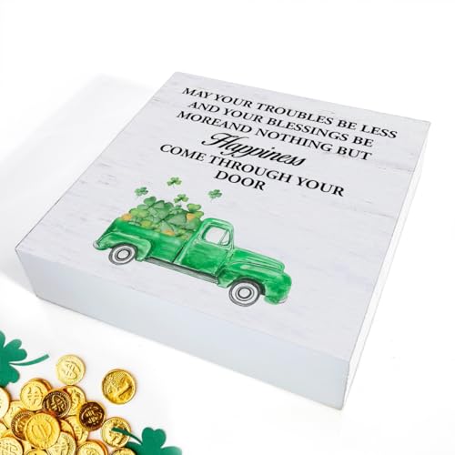 St. Patrick's Day Decorative Box Sign - 5x5 Wood Shamrock Decor