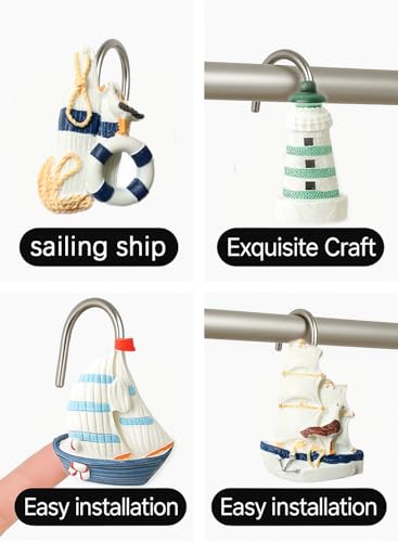 YOINIUEM Nautical Shower Curtain Hooks - White Boat Ocean Set of 12
