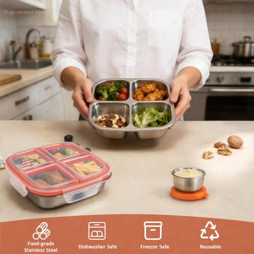 Qtencas Stainless Steel Bento Box - 4 Compartment Snack Container, 1-Pack