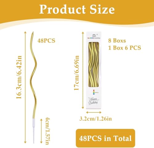 48 Pack Metallic Gold Twisty Birthday Candles - 6.7 Inch Spiral Cake Candles