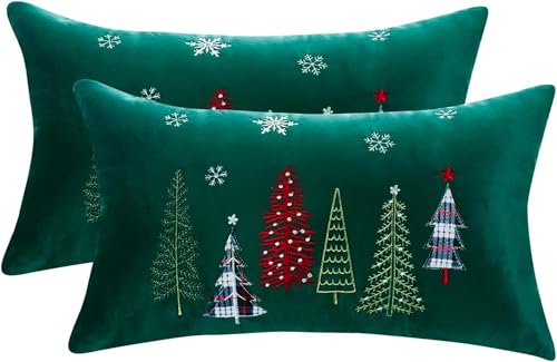 Christmas Pillow Covers 12x20 Set of 2 - Green Xmas Tree Decorative Cushion Cases