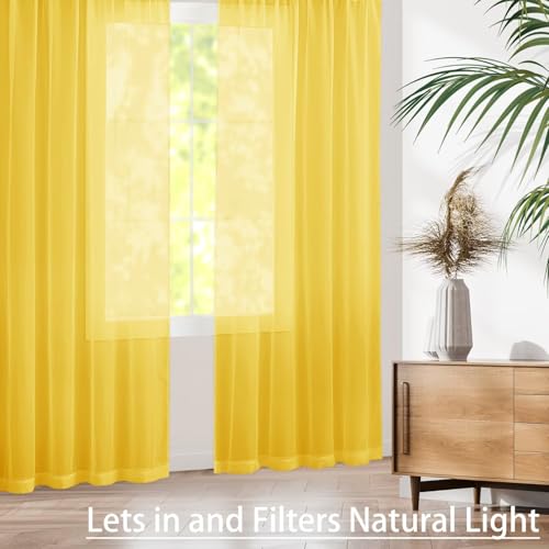Karseteli Yellow Semi Voile Sheer Curtains 42" W x 84" L - 2 Panels